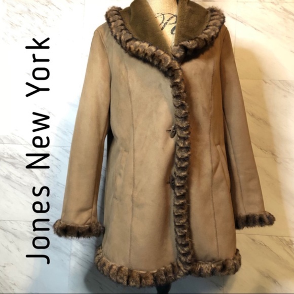 Jones New York Tan Faux Suede/Faux Fur Shawl Collar Button Front Coat Size Large - Picture 1 of 8